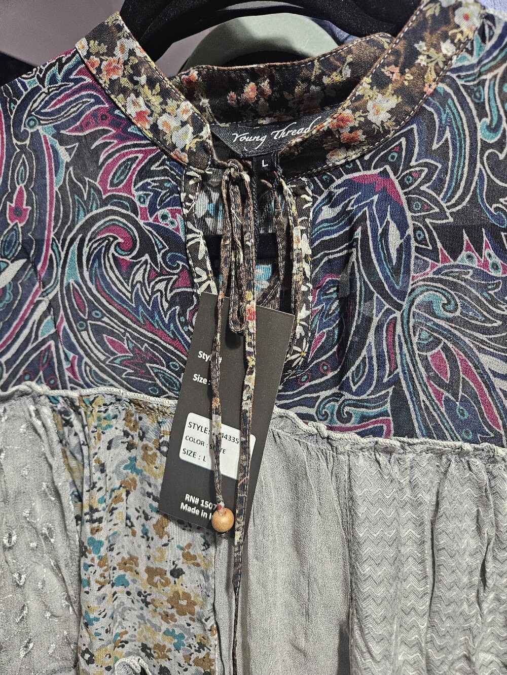 354 Young Threads Grey Floral Patchwork Long Sleeve Tiered Dress - Picture 4 of 4